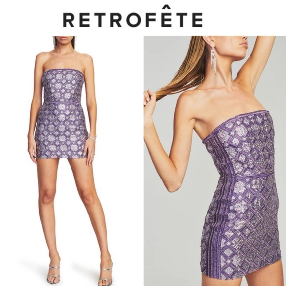 Retrofete Dresses & Skirts - Retrofete Heather Mini Dress in Lilac Purple Silver Metallic Strapless XS NWT